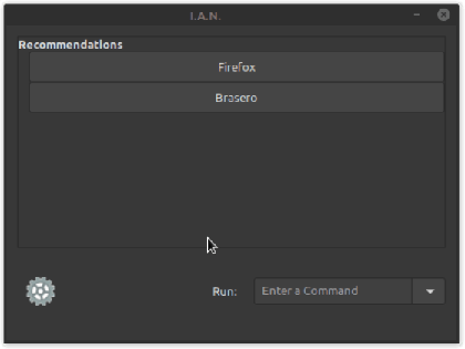 A program with a box labelled 'Recommendations' that fills the top-most 75% of the display. The box contains several long, thin, horizontal buttons, each with the name of a different computer program displayed in the middle of them. Below the box, there is: a gear icon in the bottom left, a label that says 'Run' followed by a text entry box in the bottom right. The text entry box has the text 'Enter a Command' in a translucent font within the box. It also has a drop down button next to it